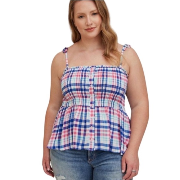 torrid Tops - Torrid Peplum Smocked Bodice Crinkle Gauze Cami Plaid White 4X NWT